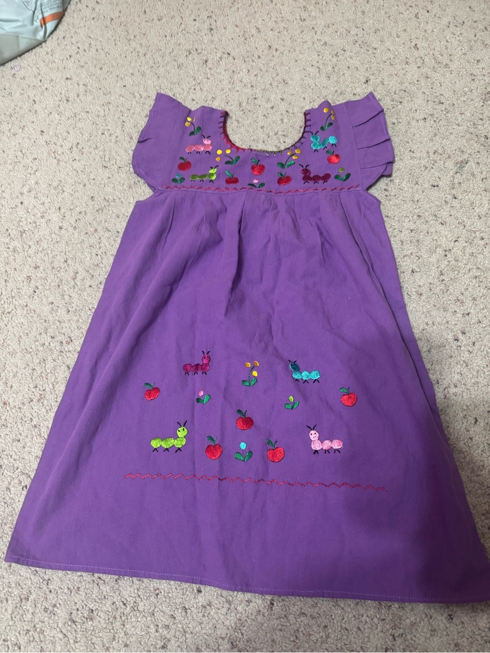 Purple Embroidered Mexican Kids Dress - Cute Caterpillar & Apple Motif